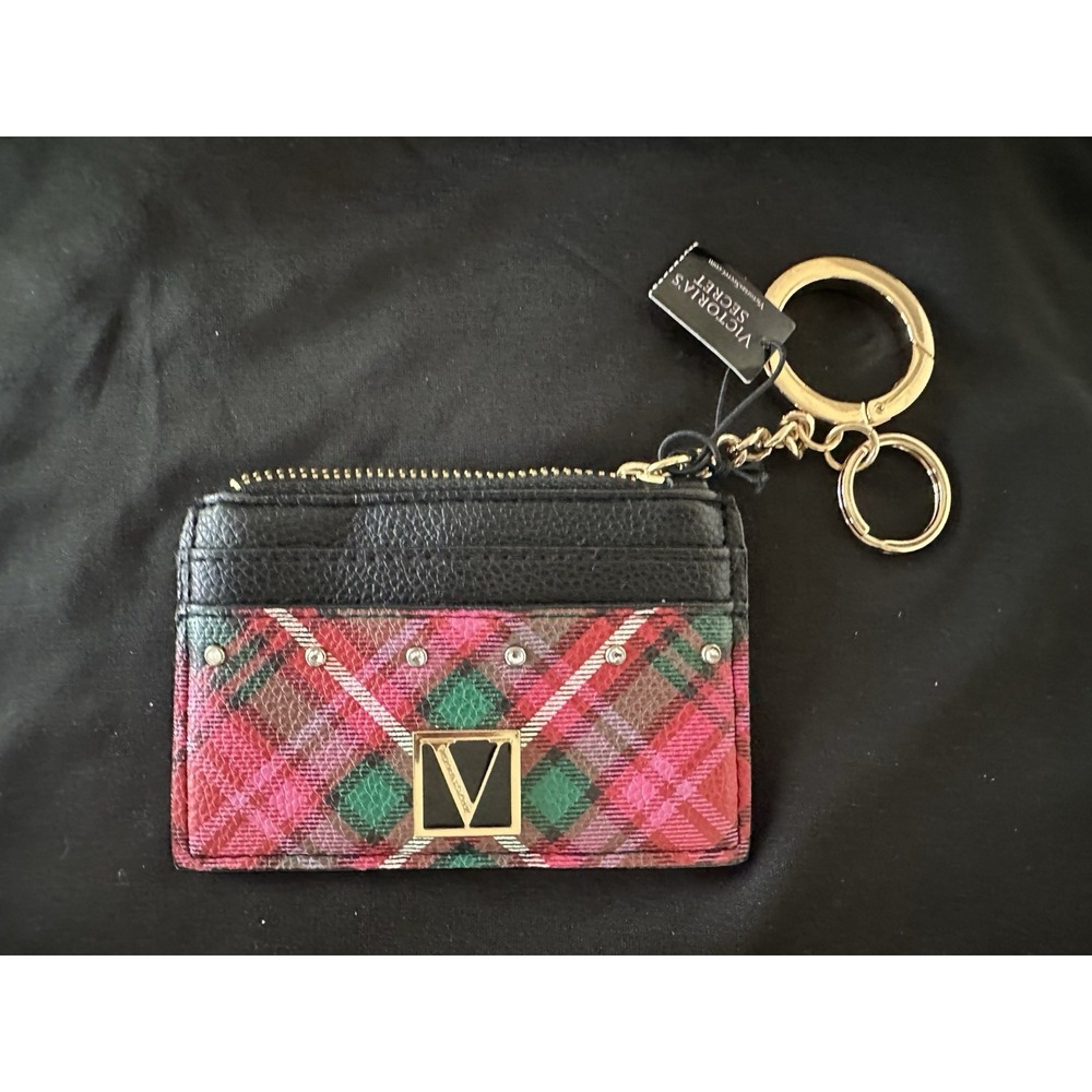 Victoria Secret Holiday Wallet Key Chain Zipper Card Holder Black Red Green New